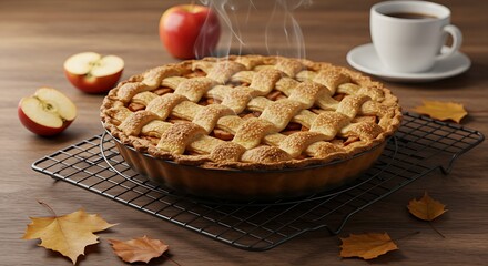 A rustic, freshly baked apple pie with a lattice top crust, still steaming, cooling on a wire rack with a red apple and autumn leaves in the blurred background, emphasizing warmth and homemade goodnes