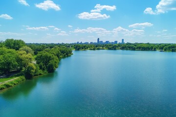 Obraz premium Serene profile view of Lake Bde Maka Ska with Minneapolis skyline under a clear blue sky, Profile view of Lake Bde Maka Ska with Minneapolis skyline background, Minnesota in US Drone shot