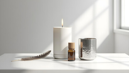 white candle in minimalist style home setting. Clean and aesthetic, self care, balanced wellness vibe. Calm, chill, relaxing, zen vibe with flower and sunlight. self care, meditation, lifestyle.