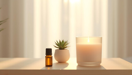 white candle in minimalist style home setting. Clean and aesthetic, self care, balanced wellness vibe. Calm, chill, relaxing, zen vibe with flower and sunlight. self care, meditation, lifestyle.