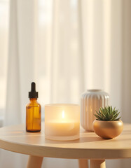 white candle in minimalist style home setting. Clean and aesthetic, self care, balanced wellness vibe. Calm, chill, relaxing, zen vibe with flower and sunlight. self care, meditation, lifestyle.