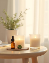 white candle in minimalist style home setting. Clean and aesthetic, self care, balanced wellness vibe. Calm, chill, relaxing, zen vibe with flower and sunlight. self care, meditation, lifestyle.