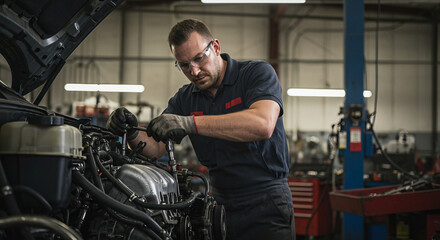 Fototapeta premium auto mechanic changing car engine