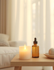 white candle in minimalist style home setting. Clean and aesthetic, self care, balanced wellness vibe. Calm, chill, relaxing, zen vibe with flower and sunlight. self care, meditation, lifestyle.