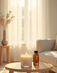 white candle in minimalist style home setting. Clean and aesthetic, self care, balanced wellness vibe. Calm, chill, relaxing, zen vibe with flower and sunlight. self care, meditation, lifestyle.