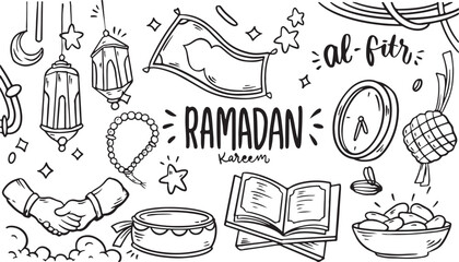 Ramadan Kareem Doodle Set – Islamic, Holy Month, Quran, Mosque, Star, Prayer, Lantern, Crescent Moon, Hand-Drawn, Black and White, Doodle Icons, Religious, Spiritual, Eid