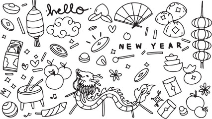 New Year Celebration Doodle Set – Festive, Fireworks, Party, Icons, Holiday, Black and White, Hand-Drawn, Celebration, Calendar, Clock, Hat, Confetti, Minimalist, Cheers, 1st January