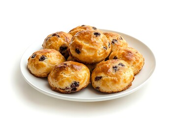 Scones with Raisins Pile on a White Plate and Delicious Golden Brown Baked Crust