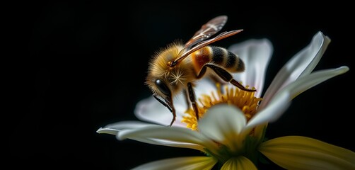 A detailed macro shot of a honeybee on a daisy with dark background and shallow depth of field.