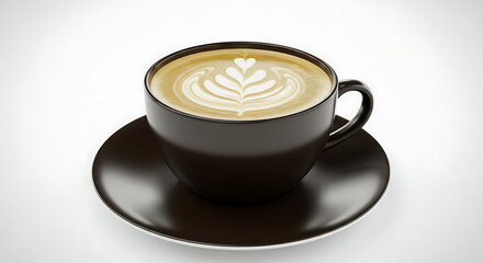 A close-up view of a coffee cup with latte art on a saucer.