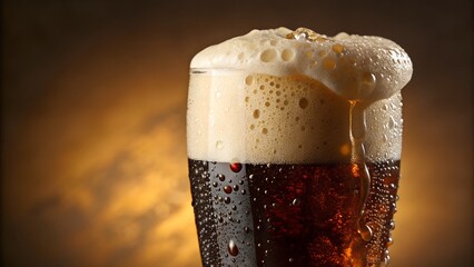 A closeup of a glass of beer with overflowing foam