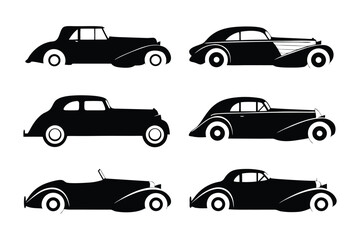 Classic Automobile Silhouette Set: A timeless set of vintage vehicles rendered in elegant black silhouettes, capturing the spirit of automotive history and design