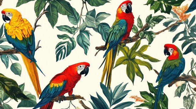 Tropical parrot and foliage pattern