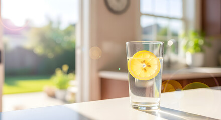 Refreshing glass of water with a vibrant lemon slice on a bright, sunny kitchen counter brings a healthy vibe.