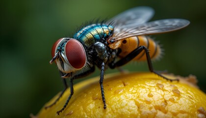 Detailed macro photograph displays a iridescent fly perched atop a vibrant yellow fruit surface.