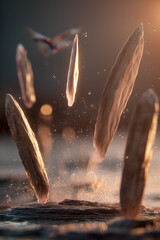 Surreal Stones Hovering Above Rippled Water at Sunset, a Moment of Stillness and Balance