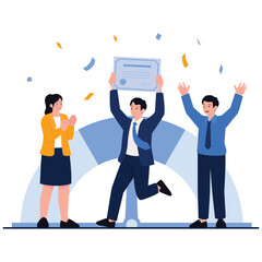 Employee Skills Performance Illustration. Vector illustration of Happy employees cheer as a colleague raises a certificate, representing professional success and recognition. Isolated on background
