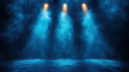 Fototapeta premium Stage Lighting with Fog and Three Beams Illuminate a Dark Background
