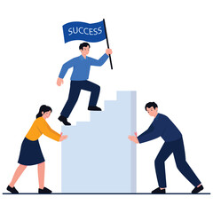 Employee Skills Performance Illustration. Vector illustration of A team helps one member climb stairs while holding a success flag. Isolated on background