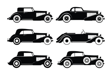 Art Deco Automobiles: Six vintage art deco automobiles are silhouetted against white, capturing the elegance and streamlined design of the roaring twenties.