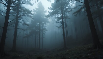Fototapeta premium An eerie, blue hued dense forest scene with tall trees shrouded in thick fog and ground vegetation.