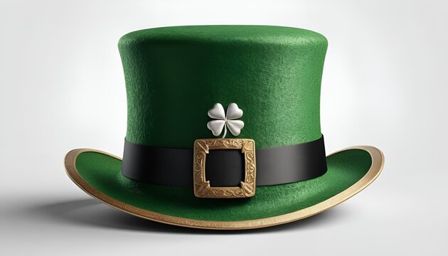 A festive green St. Patrick's Day hat with a shamrock and black band isolated on white.