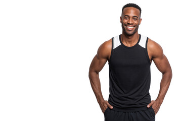 Smiling African sporty man with hands on hips, ready for gym or workout, isolated on transparent background