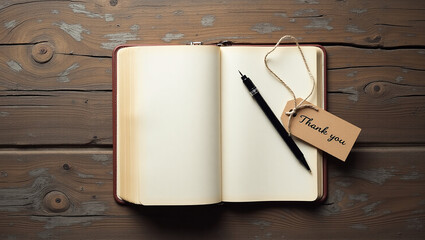 Blank Notebook with Pen and "Thank You" Label on Rustic Wooden Table