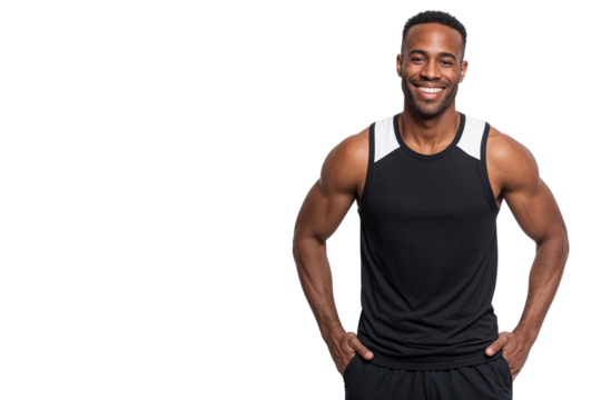 Smiling African sporty man with hands on hips, ready for gym or workout, isolated on transparent background