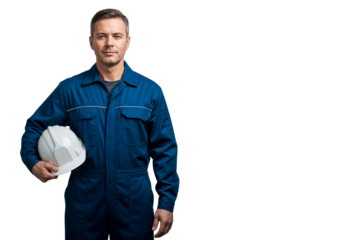 Portrait of a senior construction worker holding a white hard hat, ready for work, isolated on transparent background