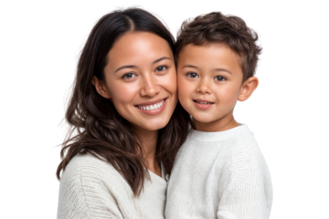 Smiling mother and son embracing, isolated on white background