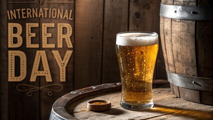 A glass of beer with a barrel for international beer day