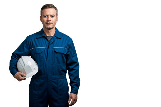 Portrait of a senior construction worker holding a white hard hat, ready for work, isolated on transparent background - Powered by Adobe