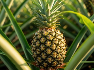 Fototapeta premium Fully Ripe Pineapple Rests Amid Green Spiky Leaves in Bright Tropical Plantation Under Direct Sunlight