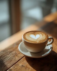 latte art flat white, latte art flat white of heart foam coffee, latte art flat white with heart foam and natural light on wooden table, ultrarealistic latte foam art,