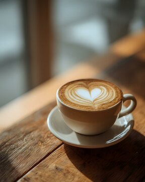 latte art flat white, latte art flat white of heart foam coffee, latte art flat white with heart foam and natural light on wooden table, ultrarealistic latte foam art,
