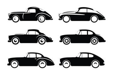 Classic Car Silhouettes: Six sleek, black classic car silhouettes artfully arranged, exuding timeless elegance and vintage charm, perfect for design or automotive themes.