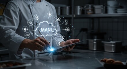 A chef in a kitchen uses a tablet; a digital menu and culinary icons float above, illustrating modern food service tech