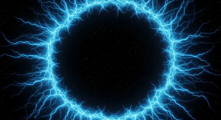 A circular frame of electric blue energy arcs against a black, star-speckled background, forming an ominous portal