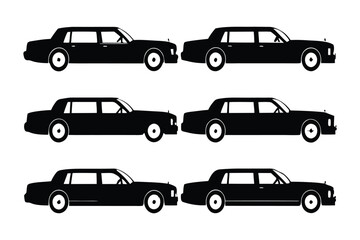 Luxury Sedan Silhouette: A collection of sleek, black luxury sedans are artfully displayed, evoking notions of elegance and sophistication. The clean lines and dynamic forms.