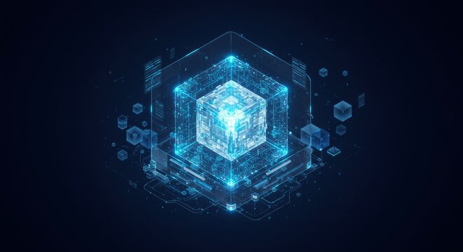 A glowing blue digital cube floats within a larger, partially transparent cube, with surrounding informational displays and data points