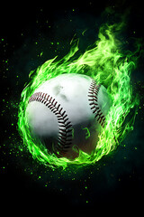 A baseball engulfed in vibrant green flames, symbolizing speed and energy in sports