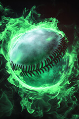 A glowing green baseball surrounded by swirling green flames on a dark background