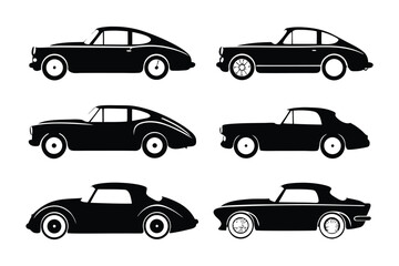 Classic Car Silhouettes: Six sleek silhouettes of classic cars, showcasing a variety of body styles and designs, set against a clean background.  
