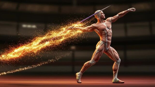 Javelin Thrower with Visible Muscles and Energy Trail on Track Field