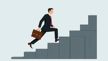 Fototapeta premium Man in suit climbs stairs with briefcase, symbolizing career advancement and ambition.