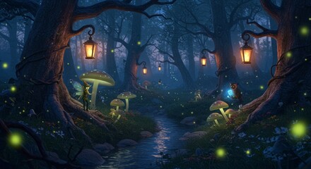 A moonlit forest scene; fairies and forest creatures gather near a stream illuminated by lanterns and glowing elements