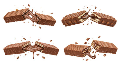 Dynamic chocolate wafer breaking apart with luxurious melting filling on transparent background for irresistible advertising.