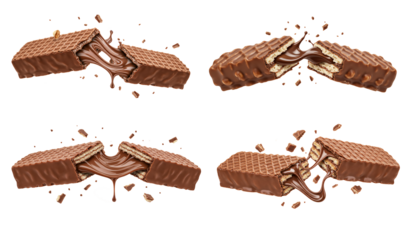 Dynamic chocolate wafer breaking apart with luxurious melting filling on transparent background for irresistible advertising.