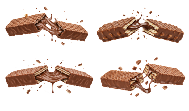 Dynamic chocolate wafer breaking apart with luxurious melting filling on transparent background for irresistible advertising.